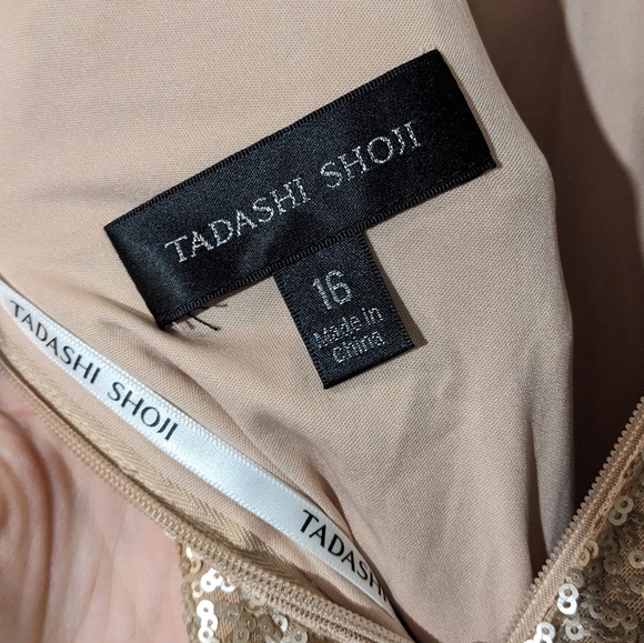 NWT Tadashi Shoji Champagne Halter Sequin Crepe Maxi Gown Dress Size 16 - Picture 15 of 16